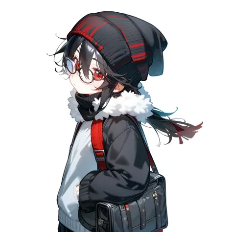 (masterpiece), best quality, expressive eyes, perfect face, red eye, black beanie, fluffy cut black hair, black scarf, tool bag black, black school sweater, short skirt, Round Glasses Black, simple backgrown