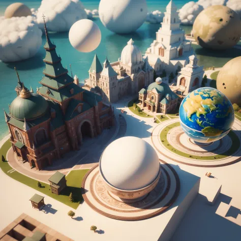 3d round planet of resort world, in the style of hyper-detailed illustrations, playful visual, soft gradients, cute cartoonish designs, tilt shift, soft shading, isolate on white,