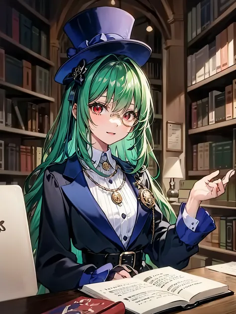 (((masterpiece、Highest image quality、highest quality、highly detailed unity 8kwallpaper)))、((Illustration of one girl、upper body))、(((beautiful girl)))、(librarian)、(Emerald green hair、messy hair、sidelocks:1.2、red eyes、crazy smile)、(((flat chest)))、(((monocl...