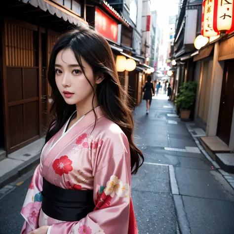 Beautiful supermodel woman with dark hair, A lock of hair with slight highlights, black eyes, mixed media, sexy，Japanese style street background，Colorful kimono , Liquid color flows across her face, Photographed by Yui Aragaki