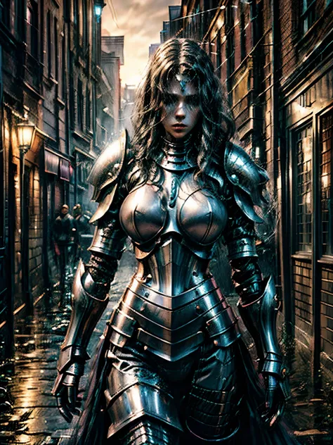  a sexy female knight wearing Lovecraftian armour,  she has a serious look on her face, it is early morning, she is in the middle of the village square 