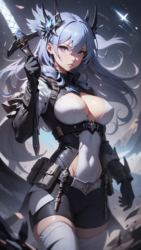 最high quality、best image quality、masterpiece、teenage girl((18-year-old、 By becoming、vest bust、medium bust,wide open breast tea、black eye, gray hAria、long hAria、thin,highest valley、Black Battlesuit、white arm parts、white leg parts、Holding a big sword、Glowing...