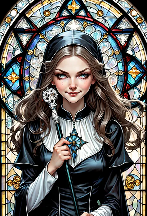 Magical girl in a black elaborate dress, inspired by nuns, closed smiling eyes, Laid back girl, hold a white magic wand, angry hair face devil stained glass background, high quality, intricate fine detail, smooth and flawless Skin, Super fine and delicate ...