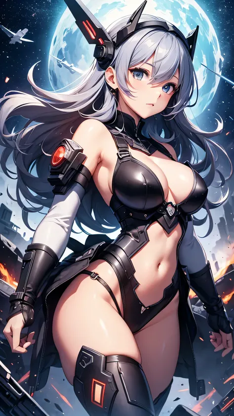 最high quality、best image quality、masterpiece、teenage girl((18-year-old、 By becoming、vest bust、medium bust,wide open breast tea、black eye, gray hAria、long hAria、thin,highest valley、Black Battlesuit、white arm parts、white leg parts、Holding a big sword、Glowing...