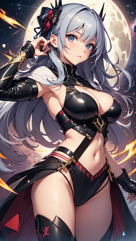 最high quality、best image quality、masterpiece、teenage girl((18-year-old、 By becoming、vest bust、medium bust,wide open breast tea、black eye, gray hAria、long hAria、thin,highest valley、Black Battlesuit、white arm parts、white leg parts、Holding a big sword、Glowing...