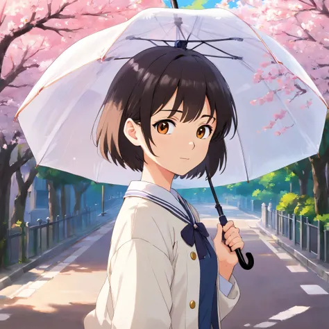 nakahara misaki, 1girl, solo, short hair, black hair, brown eyes, black eyes nakahara misaki, 1girl, solo, short hair, black hair, brown eyes, black eyes, looking at viewer, :o, blush, school uniform, white jacket, white umbrella, holding umbrella, cherry ...