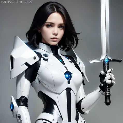 (a woman in white suit holding a sword, mecha iron white futuristic armor clean modern simplified elegant, porcelain cyborg armor, sci-fi), Otherworldly, (Photorealistic:1.4)