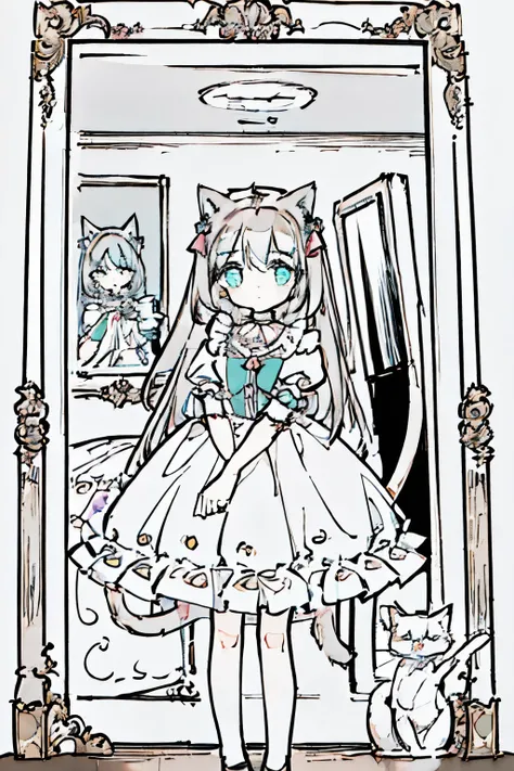 1girl, beautiful, (masterpiece:1.6), standing, holding mirror, vintage mirror, sad, simple dress, frills, cat ears, cat tail