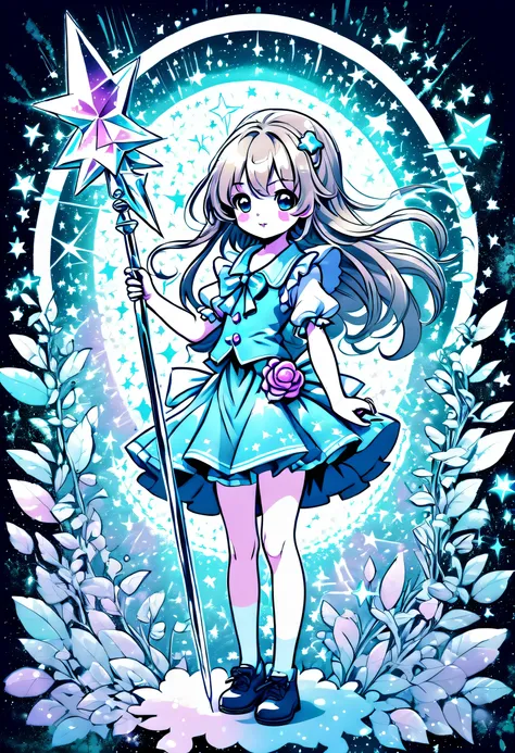 Cute and adorable magical girl stands on grunge twisted background。, Triumphant々and raised a crystal wand., Every detail creates a captivating touch, Fascinating detailed grunge illustration, Beauty in every absurd and delicate detail, Create an advanced v...