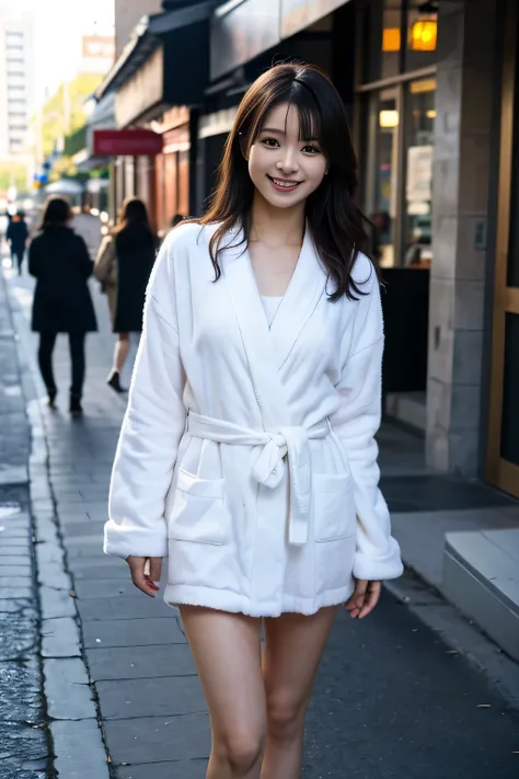 mini bathrobe, wearing sheer bathrobe, standing, (8k, RAW photo, best quality, masterpiece:1.2), (realistic, photo-realistic:1.4), (extremely detailed 8k wallpaper), Looking at viewer, (T_front highlegs panties), (no_bra), city, street, cute smile,