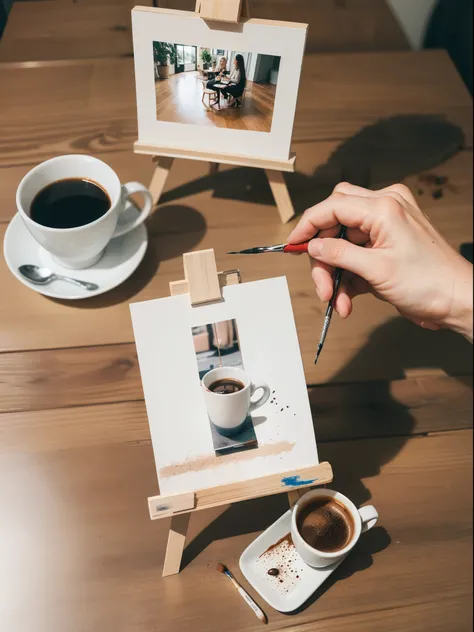 A collection of several coffee beans and a cup of coffee on a wooden background, estilo: flat lay, foto realismo, obra prima, melhor qualidade, mini art white background canvas and min easel on the table, paint with brush, art palette