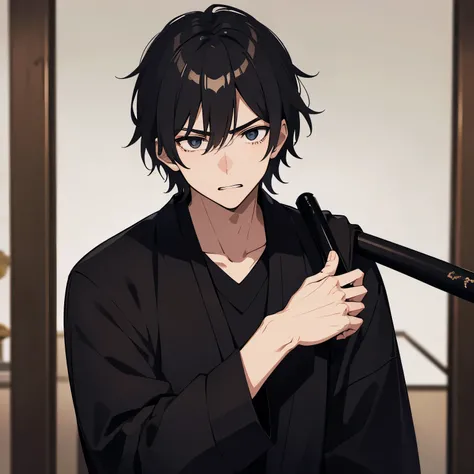 young man,tall,holding a baseball bat,black shirt,black winter jacket,black hair,Japanese,composed expression,alone,background shrine