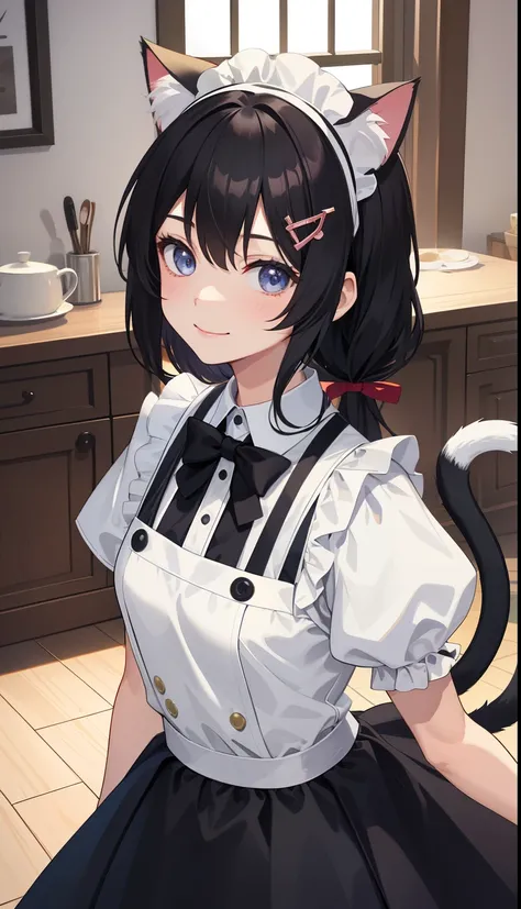 1 girl、smile、AS-Adult、shirt、skirt、apron、hair ornaments、maid、（small breasts）（small breasts）、（upper body portrait）、Cat ear、tail、