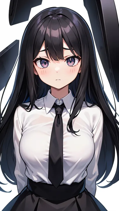 2D Anime Wallpapers，long black hair，girl，Black long sleeves、Tie Uniform，black mini skirt，big breasts，，expressionless、((Take a photo facing the front))、(Face and body face forward:1.5)、((pure white background))