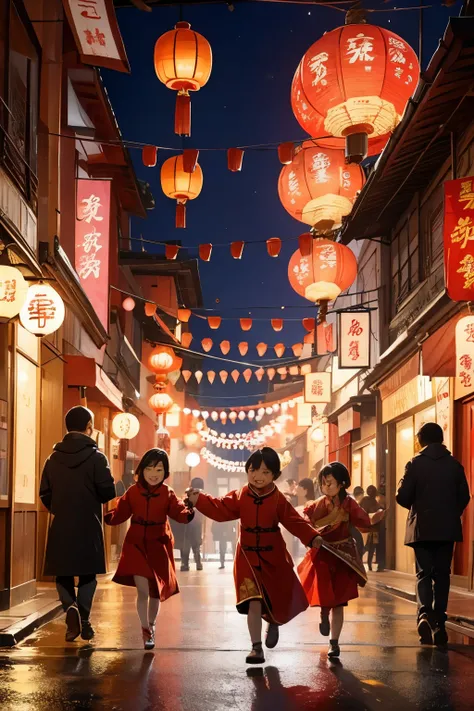 Old Traditional China building, celebrating Chinese new year with firework, children happy to play around on the street