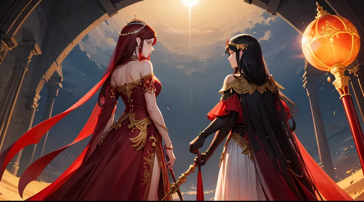 The Sun Princess, with short black and red hair, wearing a red dress, wearing a veil and a crown, holding a staff, turned her back to look at the giant sun behind her.