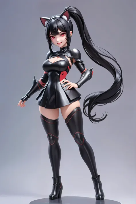 (​masterpiece)、(top-quality)、(ultra-detailer)、(full bodyesbian)、(Anatomically correct)、 女の子1人、black hair, black cat ears, straight high pony tail, split fringe,  smile,  black assassin armor、no helmet, (beautifull detailed face)、(beautiful red eyes)、((full...