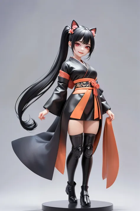 (​masterpiece)、(top-quality)、(ultra-detailer)、(full bodyesbian)、(Anatomically correct)、 女の子1人、black hair, black cat ears, straight high pony tail, split fringe,  smile,  black kimono、no helmet, (beautifull detailed face)、(beautiful red eyes)、((full body vi...