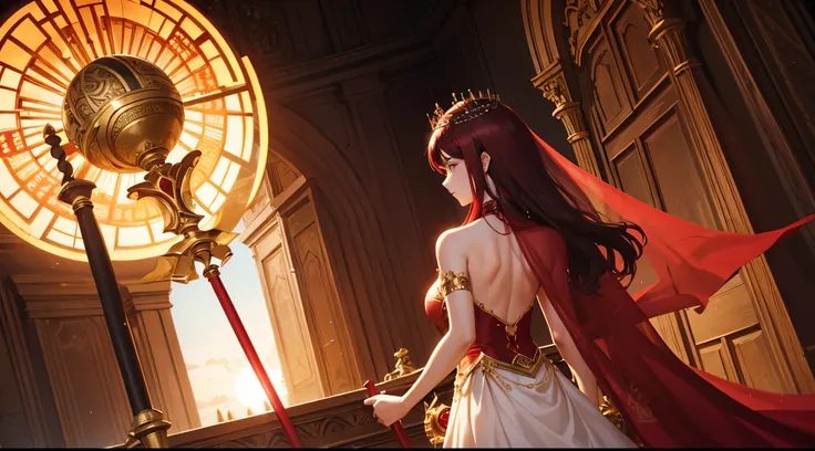 The Sun Princess, with short black and red hair, wearing a red dress, wearing a veil and a crown, holding a staff, turned her back to look at the giant sun behind her.