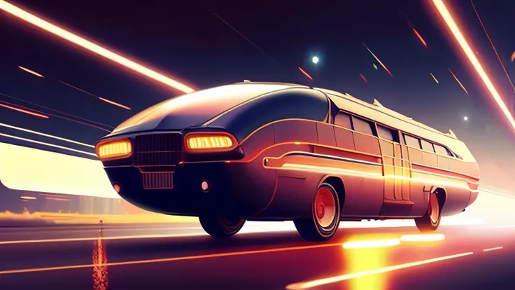 Futuristic, streamlined concept bus gliding through a city of neon lights in retro 1960s style, com ((light lanes on the right)) iluminando suas curvas elegantes.