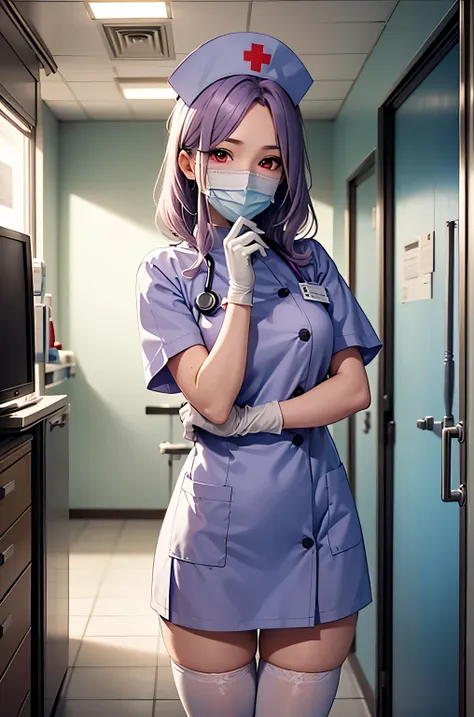 1 female, alone, nurse, nurse cap, whiteware, ((white legwear, zettai ryouiki)), white gloves, long hair, purple hair, red eyes,...