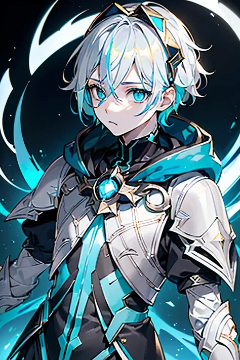 1 boy, (((Albinism)))), silver eyes, ((Metallic light technology armor，blue and gold highlights, hood around neck, dark blue energy, Most colors are white, But a small part is dark blue，Highlights are neon green.