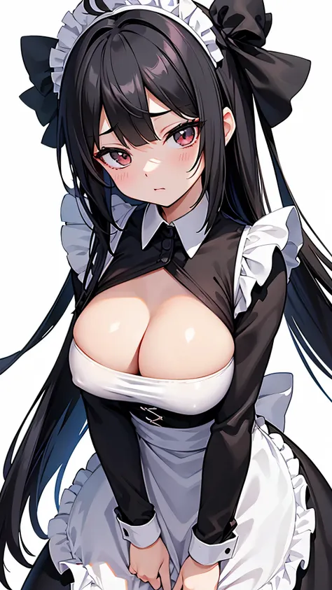 2D Anime Wallpapers，long black hair，girl、maid、Head close-up，big breasts，cleavage，bad eyes、((Take a photo facing the front))、(Face and body face forward:1.5)、((pure white background))
