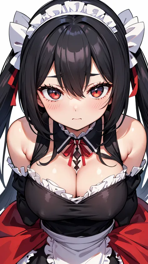 2D Anime Wallpapers，long black hair，girl、maid、Head close-up，Big breasts that are about to burst，cleavage，bad eyes、((Take a photo facing the front))、(Face and body face forward:1.5)、((pure white background))
