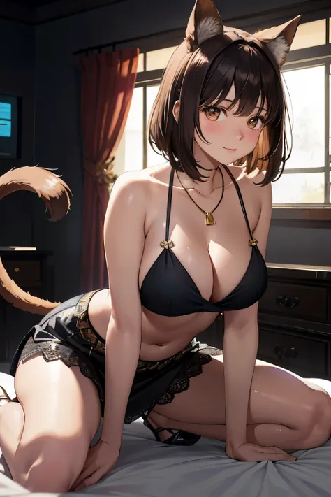 Indoors, a young girl with short brown hair and a blush on her cheeks lies on a bed, her breasts exposed and her lips parted in a light smile. The simple background lets her radiant beauty shine through. In the corner, a boy with animal ears, brown eyes, a...