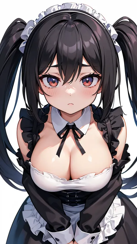 2D Anime Wallpapers，long black hair，girl、maid、Head close-up，Big breasts that are about to burst，cleavage，bad eyes、((Take a photo facing the front))、(Face and body face forward:1.5)、((pure white background))、((white space above my head))
