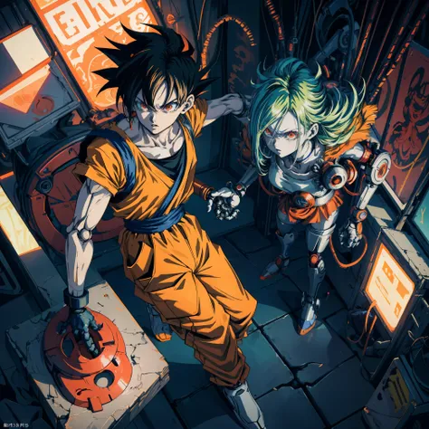 anime-style illustration, goku + android 18 teen girl dbz with  verde red oversized clothing, merging as a mechanic with robotic...