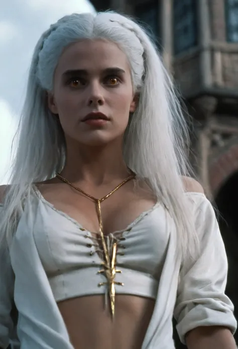 best quality, masterpiece, woman white hair, gold eyes, skimpy white clothes, medieval town-center Fright Night 1985 Film Style looking up, upper body, hair strand, Fair skin, side braids, detailed, high saturation