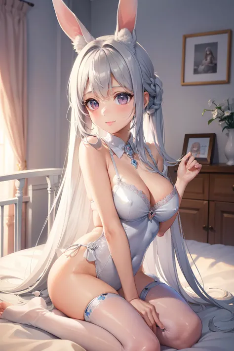 Beautiful Illustration: exciting and captivating, best quality: highly detailed and crisp, Cute Girl: with a charming smile and rosy cheeks, bedroom: cozy and inviting, pastel color: soft and soothing, fluffy bunny ears: adorable and playful, Silver Long H...