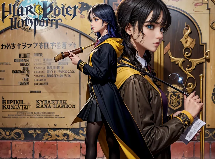 wavy hair、dark haired ukrainian woman、hufflepuff girl、hogwarts、Harry potter、black skirt、black robe with yellow lining、gray sweater、black and yellow tie、black loafers