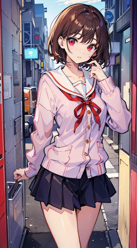 High resolution image of brown haired teenage girl,shoulder-length short hair, wearing school uniform (sailor style) With a red ribbon. Wearing a cardigan,She has beautiful red eyes, Cute anime-style illustrations, perfect lighting, perfect anatomy, perfec...