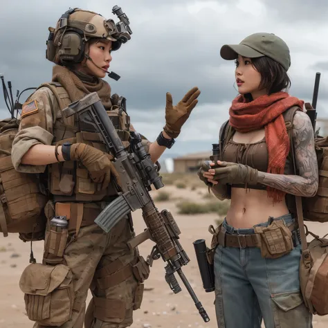 photorealistic、Realistic skin textures、A beautiful Japanese woman belonging to the U.S. military is talking with gestures at a base camp set up in a wasteland.、tent、military vehicle、automatic rifle propped up、bulletproof vest、afghan scarf、baseball cap、Back...