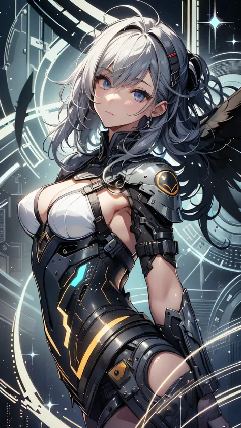 最high quality、best image quality、masterpiece、teenage girl((18-year-old、 By becoming、vest bust、medium bust,wide open breast tea、black eye, gray hAria、long hAria、thin,highest valley、Black Battlesuit、white arm parts、white leg parts、Holding a big sword、Glowing...