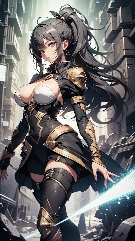 最high quality、best image quality、masterpiece、teenage girl((18-year-old、 By becoming、vest bust、medium bust,wide open breast tea、black eye, gray hAria、long hAria、thin,highest valley、Black Battlesuit、white arm parts、white leg parts、Holding a big sword、Glowing...