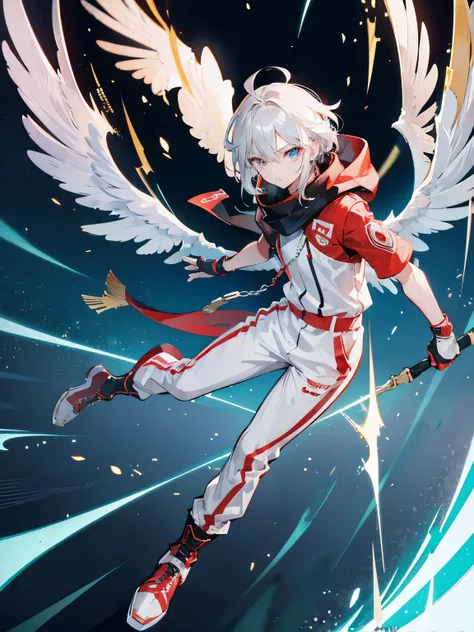 Anime characters，Game CG，8K quality，((young boy))，Youthful feeling，Anime male protagonist，silver hair red dye，short，straight hair，Squint viewing angle，wing，goggles，((White and gold jumpsuits))，Technical fingerless gloves，(Racing boots)，flight，whole body im...