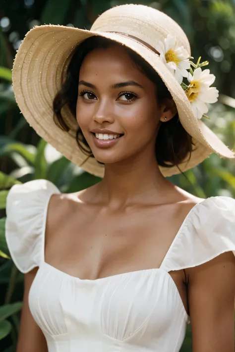 Laura Gemser, white, early twenties, redhead, white teeth, thin nose, Dressed in a Flep-flup dress.