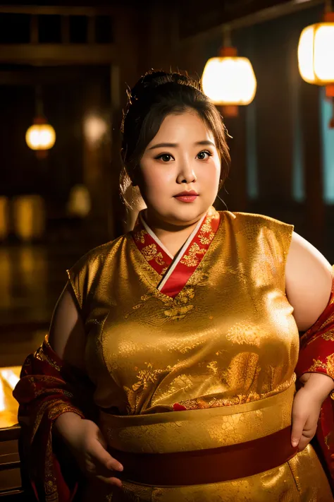 1 female, Overweight, China dress, extremely fat, Chubby, Japanese, 4K, High resolution, masterpiece, highest quality, fine skin, sharp focus, (cinematic lighting)