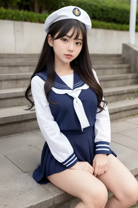 1 girl、((sailor suit))、Asian high school girl uniform、mini skirt、bustling street、sit on the stairs、spread legs、Wedgie、（Spread your legs apart）、( small breasts)、（small breasts）、 (best quality: 1.1)、(highly detailed skin), (ultra high resolution:1.0) ,(reali...