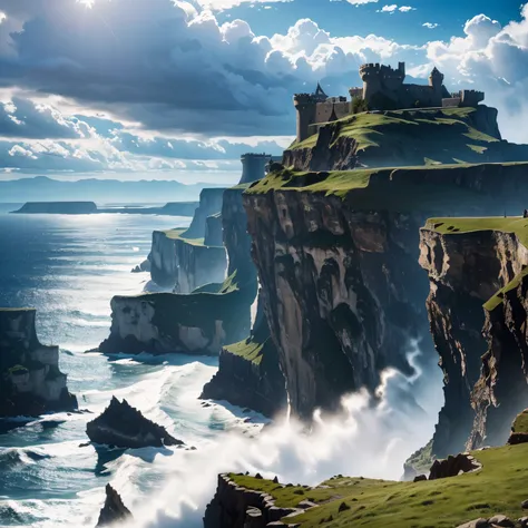 Masterpiece, ultra detailed, best quality, 8k, !(daytime landscape, cloudy sky, waves crash against the cliffs, on top of the cliffs rests a large castle with high defense towers, in the background large black rocky mountains) 