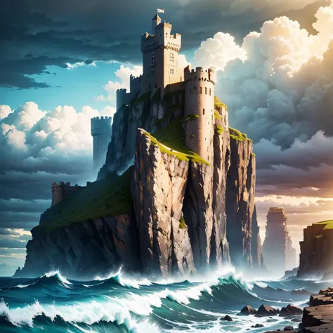 Masterpiece, ultra detailed, best quality, 8k, !(daytime landscape, cloudy sky, waves crash against the cliffs, on top of the cliffs rests a large castle with high defense towers, in the background large black rocky mountains) 