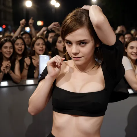 Emma Watson, flashing her  to a crowd of people, shes blushing and embarrassed