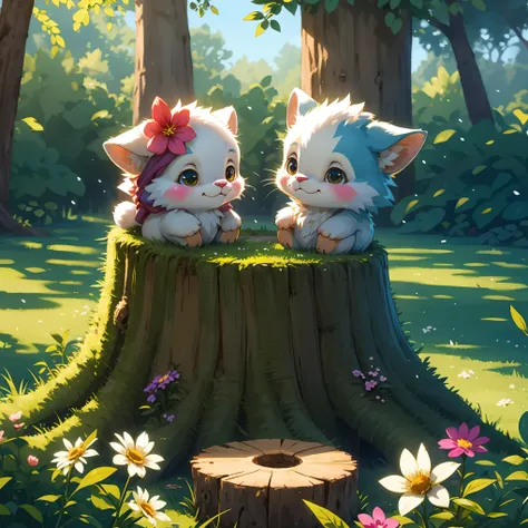 holding camera, tree_stump, flowers, adorable , fluffy, photorealistic, soft lighting, 