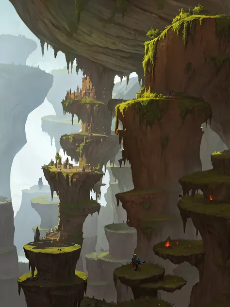 A climbing section in a vertical fantasy world, the section biome is a desertic brown wall, with holes on the wall and giant warms comin out of those, veiwpoint from dowwards looking upwards, climber character, concept art, illsutration.