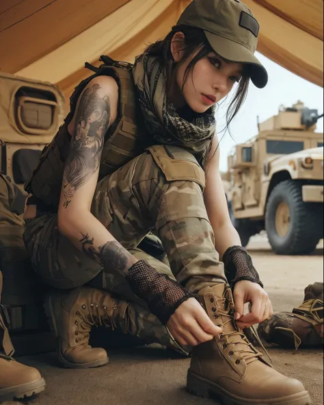 photorealistic、Realistic skin textures、アメリカ軍所属の美しいjapanese womanが荒れ地に設営されたベースキャンプで出動の準備をしている、Checking equipment、tent、military vehicle、bulletproof vest、afghan scarf、baseball cap、Heavy equipment、tattoo、boots、、Action poses with movement、japanese woman