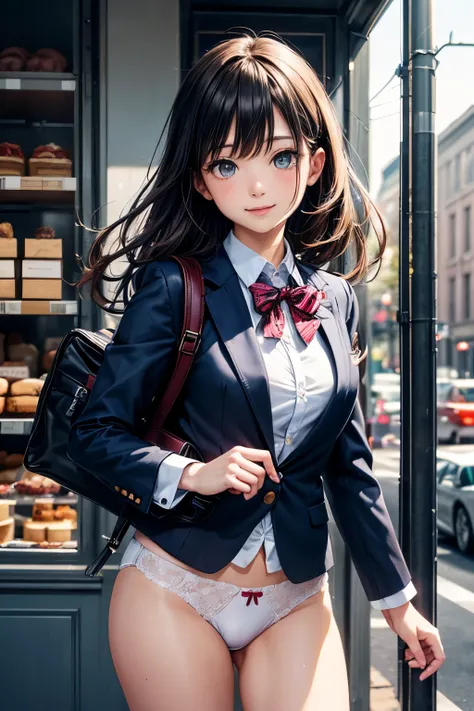 very cute and beautiful girl,(highly detailed beautiful face and eyes:1.2), (blue blazer school uniform, pleated kirt fluttered in wind,white panties),standing in front of cake shop show window, (smile:1.2),happy,cowboy shot,holding school bag,hair pin,bla...