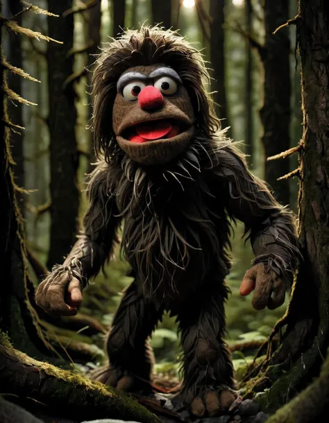 in a felt puppet world style,, a sasquatch lurking in the depths of a dark forest. brown, red-eyes, creepy, dramatic lighting, d...